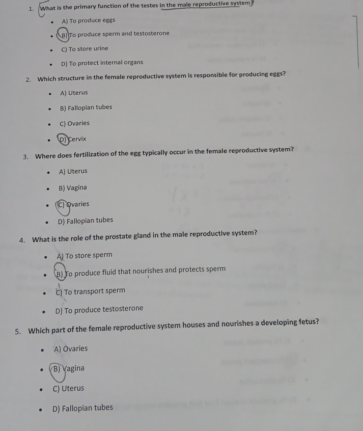 What is the primary function of the testes in the male reproductive system?
A) To produce eggs
B) To produce sperm and testosterone
C) To store urine
D) To protect internal organs
2. Which structure in the female reproductive system is responsible for producing eggs?
A) Uterus
B) Fallopian tubes
C) Ovaries
D) Cervix
3. Where does fertilization of the egg typically occur in the female reproductive system?
A) Uterus
B) Vagina
C) Ovaries
D) Fallopian tubes
4. What is the role of the prostate gland in the male reproductive system?
A) To store sperm
B) To produce fluid that nourishes and protects sperm
C) To transport sperm
D) To produce testosterone
5. Which part of the female reproductive system houses and nourishes a developing fetus?
A) Ovaries
B) Vagina
C) Uterus
D) Fallopian tubes