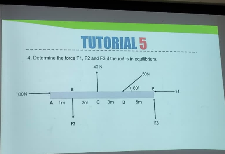 TUTORIAL 5 
4. Determine the force F1, F2 and F3 if the rod is in equilibrium.
40 N
50N
B
60° E
100N F1
A 1m 2m C 3m D 5m
F2
F3