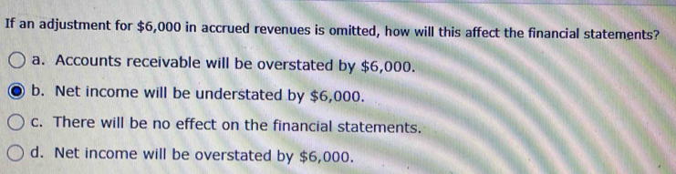 If an adjustment for $6,000 in accrued revenues is omitted, how will this affect the financial statements?
a. Accounts receivable will be overstated by $6,000.
b. Net income will be understated by $6,000.
c. There will be no effect on the financial statements.
d. Net income will be overstated by $6,000.