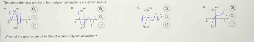 The comprehensive graphs of four polynomial functions are shown in A-D,
A
B
C
  
 
Which of the graphs cannot be that of a cubic polynomial function?