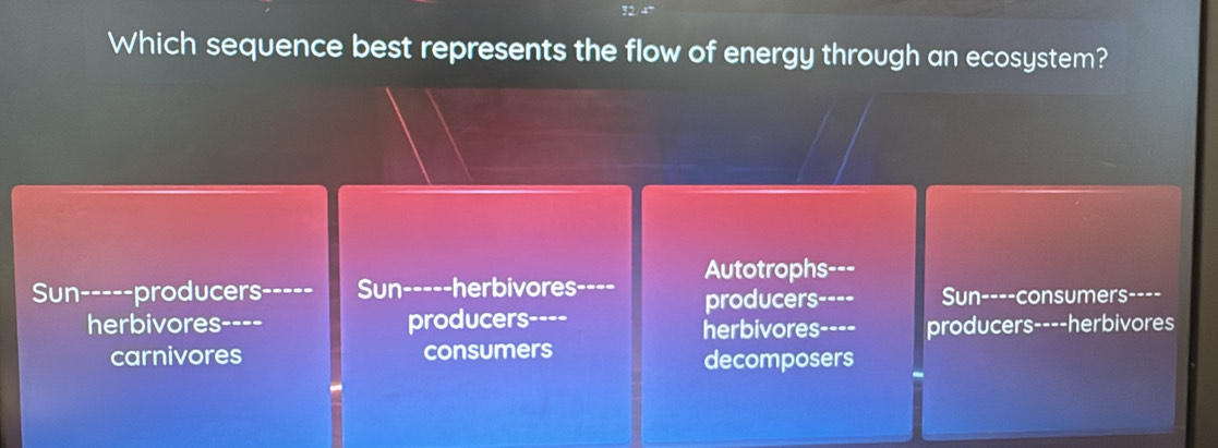 Which sequence best represents the flow of energy through an ecosystem?
Autotrophs---
Sun-----producers- ----- Sun-----herbivores---- producers---- Sun----consumers----
herbivores---- producers----
herbivores----
carnivores consumers producers----herbivores
decomposers