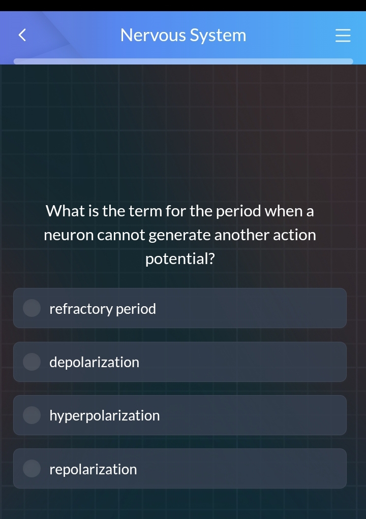 Nervous System
What is the term for the period when a
neuron cannot generate another action
potential?
refractory period
depolarization
hyperpolarization
repolarization