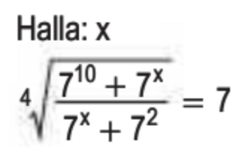 Halla: x
sqrt[4](frac 7^(10)+7^x)7^x+7^2=7