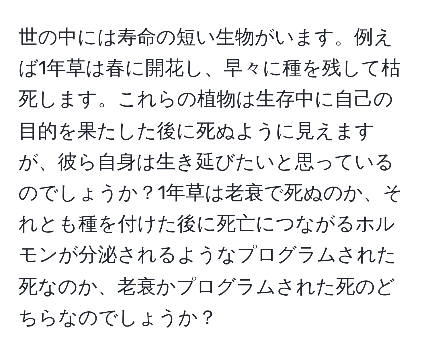 世の中には寿命の短い生物がいます。例えば1年草は春に開花し、早々に種を残して枯死します。これらの植物は生存中に自己の目的を果たした後に死ぬように見えますが、彼ら自身は生き延びたいと思っているのでしょうか？1年草は老衰で死ぬのか、それとも種を付けた後に死亡につながるホルモンが分泌されるようなプログラムされた死なのか、老衰かプログラムされた死のどちらなのでしょうか？