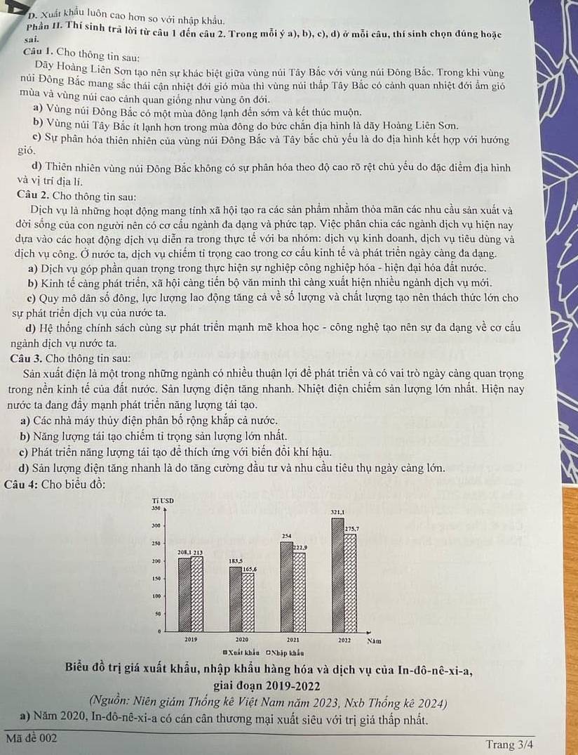 Xuất khẩu luôn cao hơn so với nhập khẩu.
Phần II. Thí sinh trã lời từ câu 1 đến câu 2. Trong mỗi ý a), b), c), d) ở mỗi câu, thí sinh chọn đúng hoặc
sai.
Câu 1. Cho thông tin sau:
Dãy Hoàng Liên Sơn tạo nên sự khác biệt giữa vùng núi Tây Bắc với vùng núi Đông Bắc. Trong khi vùng
núi Đông Bắc mang sắc thái cận nhiệt đới gió mùa thi vùng núi thấp Tây Bắc có cảnh quan nhiệt đới ẩm gió
mùa và vùng núi cao cảnh quan giống như vùng ôn đới.
a) Vùng núi Đông Bắc có một mùa đông lạnh đến sớm và kết thúc muộn.
b) Vùng núi Tây Bắc ít lạnh hơn trong mùa đông do bức chắn địa hình là dãy Hoàng Liên Sơn.
c) Sự phân hóa thiên nhiên của vùng núi Đông Bắc và Tây bắc chủ yếu là do địa hình kết hợp với hướng
gió.
d) Thiên nhiên vùng núi Đông Bắc không có sự phân hóa theo độ cao rõ rệt chủ yếu do đặc điểm địa hình
và vị trí địa lí.
Câu 2. Cho thông tin sau:
Dịch vụ là những hoạt động mang tính xã hội tạo ra các sản phẩm nhằm thỏa mãn các nhu cầu sản xuất và
đời sống của con người nên có cơ cấu ngành đa dạng và phức tạp. Việc phân chia các ngành dịch vụ hiện nay
dựa vào các hoạt động dịch vụ diễn ra trong thực tế với ba nhóm: dịch vụ kinh doanh, dịch vụ tiêu dùng và
dịch vụ công. Ở nước ta, dịch vụ chiếm tỉ trọng cao trong cơ cấu kinh tế và phát triển ngày càng đa dạng.
a) Dịch vụ góp phần quan trọng trong thực hiện sự nghiệp công nghiệp hóa - hiện đại hóa đất nước.
b) Kinh tế càng phát triển, xã hội càng tiến bộ văn minh thì càng xuất hiện nhiều ngành dịch vụ mới.
c) Quy mô dân số đông, lực lượng lao động tăng cả về số lượng và chất lượng tạo nên thách thức lớn cho
sự phát triển dịch vụ của nước ta.
d) Hệ thống chính sách cùng sự phát triển mạnh mẽ khoa học - công nghệ tạo nên sự đa dạng về cơ cấu
ngành dịch vụ nước ta.
Câu 3. Cho thông tin sau:
Sản xuất điện là một trong những ngành có nhiều thuận lợi để phát triển và có vai trò ngày cảng quan trọng
trong nền kinh tế của đất nước. Sản lượng diện tăng nhanh. Nhiệt điện chiếm sản lượng lớn nhất. Hiện nay
nước ta đang đầy mạnh phát triển năng lượng tái tạo.
a) Các nhà máy thủy điện phân bố rộng khắp cả nước.
b) Năng lượng tái tạo chiếm tỉ trọng sản lượng lớn nhất.
c) Phát triển năng lượng tái tạo để thích ứng với biến đồi khí hậu.
d) Sản lượng điện tăng nhanh là do tăng cường đầu tư và nhu cầu tiêu thụ ngày càng lớn.
Câu 4: Cho biểu đồ:
Biểu đồ trị giá xuất khẩu, nhập khẩu hàng hóa và dịch vụ của In-dhat o-nhat e-xi-a,
giai đoạn 2019-2022
(Nguồn: Niên giám Thống kê Việt Nam năm 2023, Nxb Thổng kê 2024)
a) Năm 2020, In-đô-nê-xi-a có cán cân thương mại xuất siêu với trị giá thấp nhất.
Mã đề 002 Trang 3/4