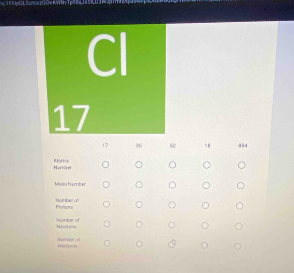 e/1FAlpQLScnsxzGl3nKWNvTp98qJa5fLD3W3p1mr2Aya54
CI
17
17 35 52 18 884
Atomic
Number
Mass Number
Number of
Protons
Number of
Neutrons
Number of
electrons