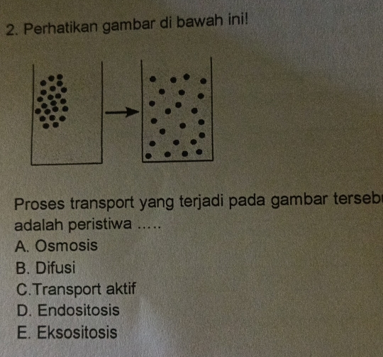 Perhatikan gambar di bawah ini!
Proses transport yang terjadi pada gambar terseb
adalah peristiwa .....
A. Osmosis
B. Difusi
C.Transport aktif
D. Endositosis
E. Eksositosis