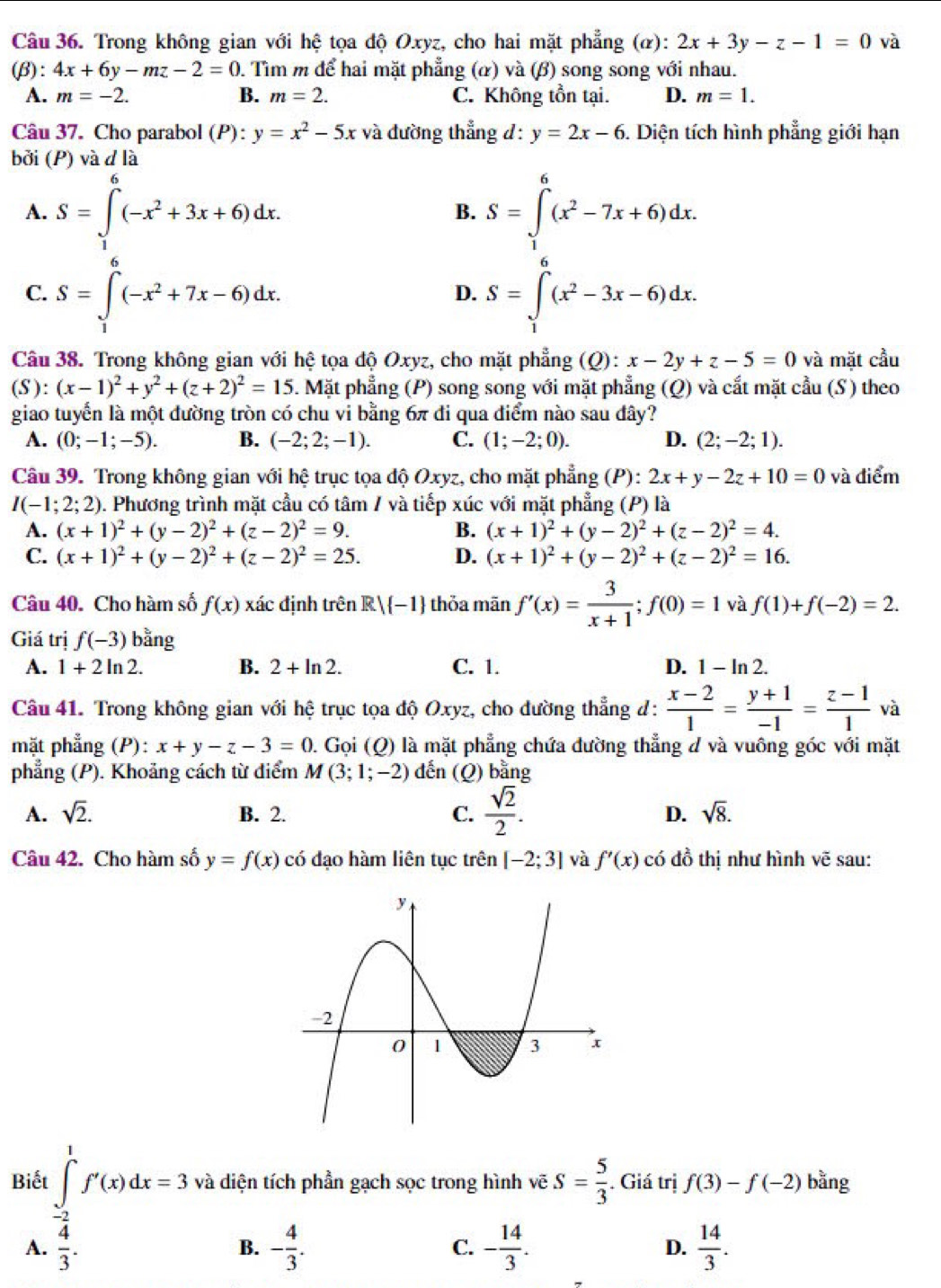 Trong không gian với hệ tọa độ Oxyz, cho hai mặt phẳng (α): 2x+3y-z-1=0 và
(β): 4x+6y-mz-2=0 0. Tìm m để hai mặt phẳng (α) và (β) song song với nhau.
A. m=-2. B. m=2. C. Không tồn tại. D. m=1.
Câu 37. Cho parabol (P):y=x^2-5x và đường thẳng d : y=2x-6..  Diện tích hình phẳng giới hạn
bởi (P) và d là
A. S=∈tlimits _1^(6(-x^2)+3x+6)dx. S=∈tlimits _1^(6(x^2)-7x+6)dx.
B.
C. S=∈t _1^(0(-x^2)+7x-6)dx. S=∈t _1(x^2-3x-6)dx.
D.
Câu 38. Trong không gian với hhat c tọa độ Oxyz, cho mặt phẳng (Q : x-2y+z-5=0 và mặt cầu
(S ): (x-1)^2+y^2+(z+2)^2=15. Mặt phẳng (P) song song với mặt phẳng (Q) và cắt mặt cầu (S) theo
giao tuyển là một đường tròn có chu vi bằng 6π đi qua điểm nào sau đây?
A. (0;-1;-5). B. (-2;2;-1). C. (1;-2;0). D. (2;-2;1).
Câu 39. Trong không gian với hệ trục tọa độ Oxyz, cho mặt phẳng (P): 2x+y-2z+10=0 và điểm
I(-1;2;2) 0. Phương trình mặt cầu có tâm / và tiếp xúc với mặt phẳng (P) là
A. (x+1)^2+(y-2)^2+(z-2)^2=9. B. (x+1)^2+(y-2)^2+(z-2)^2=4.
C. (x+1)^2+(y-2)^2+(z-2)^2=25. D. (x+1)^2+(y-2)^2+(z-2)^2=16.
Câu 40. Cho hàm số f(x) xác định trên R| -1 thỏa mãn f'(x)= 3/x+1 ;f(0)=1 và f(1)+f(-2)=2.
Giá trị f(-3) b ang I
A. 1+2ln 2. B. 2+ln 2. C. 1. D. 1-ln 2.
Câu 41. Trong không gian với hhat c trục tọa độ Oxyz, cho đường thẳng d:  (x-2)/1 = (y+1)/-1 = (z-1)/1 va
mặt phẳng (P): x+y-z-3=0. Gọi (O) * là mặt phẳng chứa đường thẳng d và vuông góc với mặt
phẳng (P). Khoảng cách từ điểm M(3;1;-2) dến (Q) bằng
A. sqrt(2). B. 2. C.  sqrt(2)/2 . D. sqrt(8).
Câu 42. Cho hàm số y=f(x) có đạo hàm liên tục trên [-2;3] và f'(x) có đồ thị như hình vẽ sau:
Biết ∈tlimits _(-2)^1f'(x)dx=3 và diện tích phần gạch sọc trong hình vẽ S= 5/3 . Giá trị f(3)-f(-2) bằng
A. frac ^-23. - 4/3 . C. - 14/3 . D.  14/3 .
B.