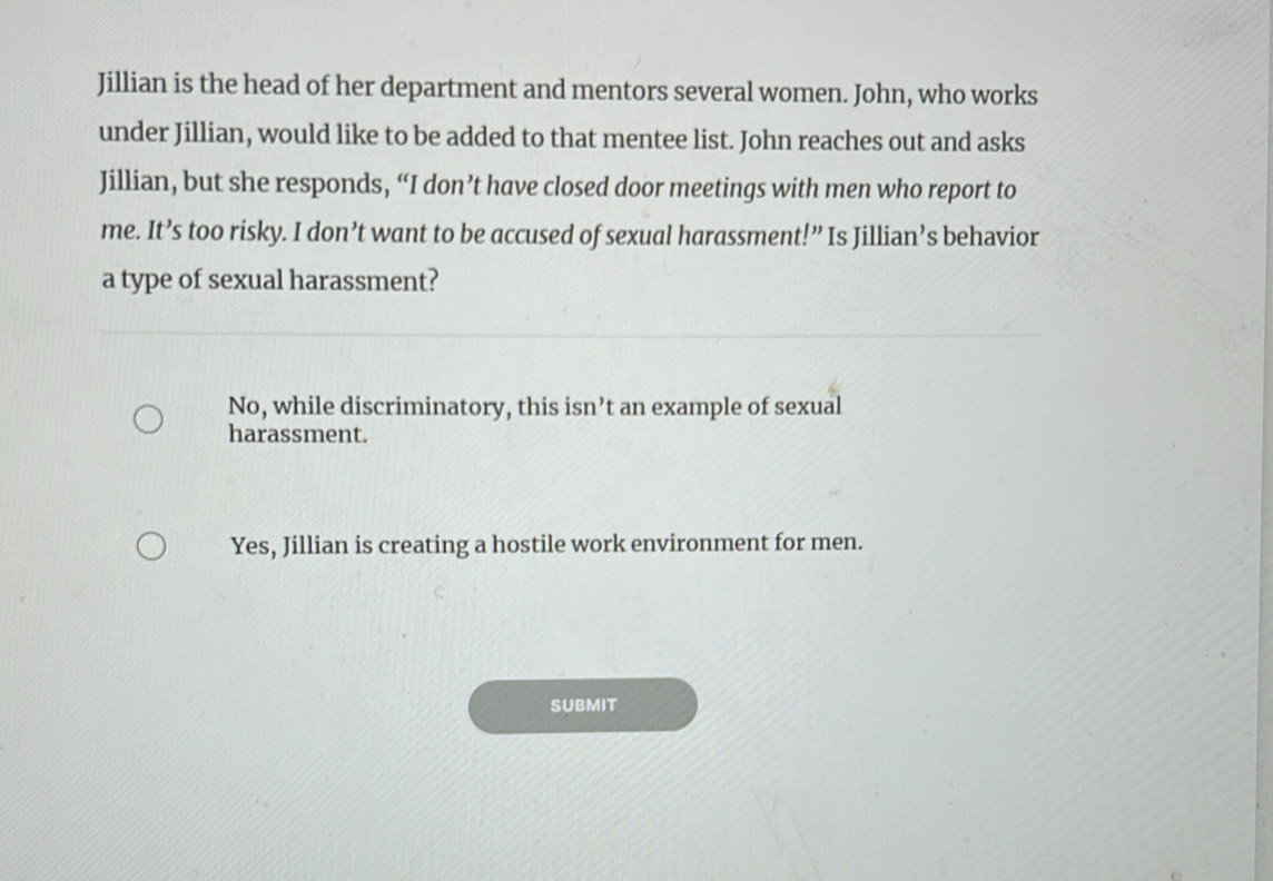 Solved: Jillian is the head of her department and mentors several women ...