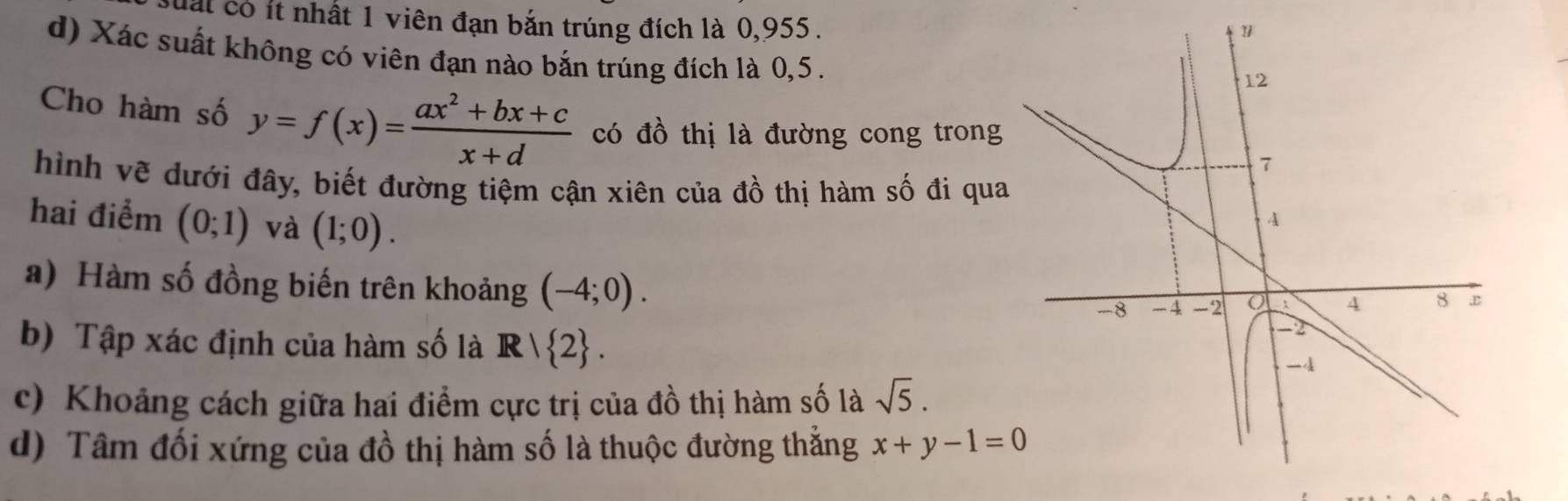 ất có ít nhất 1 viên đạn bắn trúng đích là 0,955.
d) Xác suất không có viên đạn nào bắn trúng đích là 0,5.
Cho hàm số y=f(x)= (ax^2+bx+c)/x+d  có đồ thị là đường cong trong
hình vẽ dưới đây, biết đường tiệm cận xiên của đồ thị hàm số đi qua
hai điểm (0;1) và (1;0). 
a) Hàm số đồng biến trên khoảng (-4;0). 
b) Tập xác định của hàm số là R  2. 
c) Khoảng cách giữa hai điểm cực trị của đồ thị hàm số là sqrt(5). 
d) Tâm đối xứng của đồ thị hàm số là thuộc đường thẳng x+y-1=0