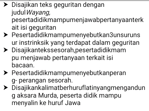 Disajikan teks geguritan dengan 
judul Wayang, 
pesertadidikmampumenjawabpertanyaanterk 
ait isi geguritan 
Pesertadidikmampumenyebutkan3unsuruns 
ur instrinksik yang terdapat dalam geguritan 
Disajikantekssesorah,pesertadidikmam 
pu menjawab pertanyaan terkait isi 
bacaan. 
Pesertadidikmampumenyebutkanperan 
g- perangan sesorah. 
Disajikankalimatberhuruflatinyangmengandun 
g aksara Murda, peserta didik mampu 
menyalin ke huruf Jawa