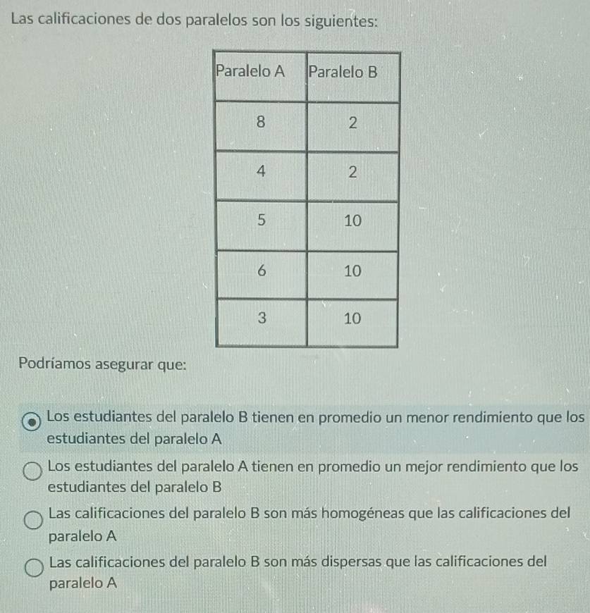 Las calificaciones de dos paralelos son los siguientes:
Podríamos asegurar que:
Los estudiantes del paralelo B tienen en promedio un menor rendimiento que los
estudiantes del paralelo A
Los estudiantes del paralelo A tienen en promedio un mejor rendimiento que los
estudiantes del paralelo B
Las calificaciones del paralelo B son más homogéneas que las calificaciones del
paralelo A
Las calificaciones del paralelo B son más dispersas que las calificaciones del
paralelo A