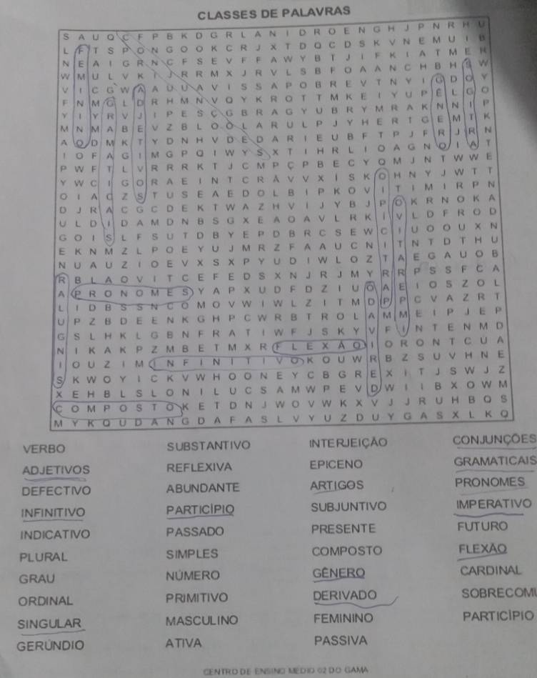 CLASSES DE PALAVRAS
s A U Q C F P B K D G R L AN I D R O E N G H J P N R Η U
L F T s p O N G O Ο K  C R J X TD O C D S K V Ν  Ε M U I B
N E A G R NC F S E V F F A W Y B T J I F K I A T M E R
w M U L V к  R R M X J R V L S B F O A AN C H B H S W
v C G` w A a ù ù a v i s s apo b r e ν τ Νυ iG dο υ
F N M a t D R H м ΝV ο Y κ R ο T T м κ E Ι Y u P EL G O
γ 1 γ R ν J i P Ε S C g в r a g Y u B r y м r a k n N I P
M N M A B e v z b l o ò l a r u l p j y h e r t g| e |m  1 K
A o D M T Y d n H v D E D a r i e u B F t P J F R  J R N
1  F A G I  M g P Q I W y S x T i H r l I o a g N Q I N T
p W F TL V| R R R K T J C M P Ç P B E C Y Q M J N T W W E
w C 1 G O R AE Ι Ν T C R A ν ν х I S Κ о Η NY J W T T
1 A C ZSTuS E AE DoL BiP Κo νITi Μi R P N
n J R A C G C D E K T W A Z H V 1 J Y B J P ⑥ Κ R N O K A
L D 1 D A M D N B s G x E A o A v l R K| 1v| L D F R o D
G O I S L F S U T D B Y  E P D B R C S E W  c |1U ο o U x N
E Κ N M Z L P O E Y U J M R Z F A A U C N T N T D T H U
N U A U Z I O E V X S X P Y U D I W L O Z T A E G A U O B
R B LA O V I T C E F E D S X N J R J M Y R R P SS F C A
A P R O N O Μ Ε S  Y A P X U D F D Z I U A E  1 O 5 Z O L
L| I D B S S N C O M O V W I W L Z I T M D P C V A Z R T
U P Z B D E E N K G H P C W R B T R O L A M  ME I P J E P
G S L H K L G B  N F R  A T I W F J S K Y FI N T E N M D
Ν ΙкAк PZмвΕ T м X R F L Ε χAο  оRοΝ T CU A
1 οU ZI м ① N F I Ν Ι T Ι V ο Κ O U WR в Z S U V Η NΕ
S K W O Y I C K V W H O O N E Y C B G R E X I T J S W J Z
X E Η B L S L O N Ι L U C S A м W P E V DW I I B X O W M
CO M P O S TO K E T D N J WO V W  Κ X V J JR U H BO S
M Y Κ O U D A N G D A FA S L V Y U Z DU Y G A S X L Κ Q
VERBO SUBSTANTIVO INTERJEIÇÃO ConjUnções
ADJETIVOS REFLEXIVA EPICENO GRAMATICAIS
DEFECTIVO ABUNDANTE ArtIgos PRONOMES
INFINITIVO PARTICIPIO SUBJUNTIVO IMPERATIVO
INDICATIVO PASSADO PRESENTE
FUTURO
PLURAL SIMPLES COMPOSTO FLEXAO
GRAU NÚMERO GêNERO CARDINAL
ORDINAL PRIMITIVO DERIVADO SOBRECOMI
SINGULAR MASCULINO FEMININO PARTICIPIO
GERUNDIO ATIVA PASSIVA
CENTRO DE ENSING MEDID 02 DO GAMA