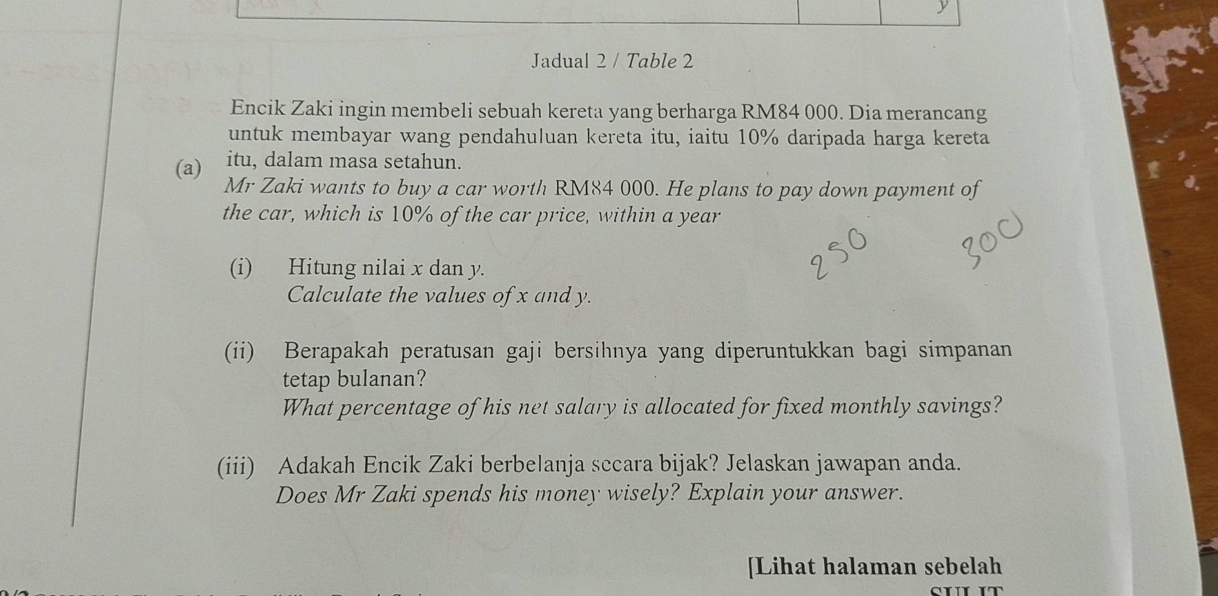 Jadual 2 / Table 2 
Encik Zaki ingin membeli sebuah kereta yang berharga RM84 000. Dia merancang 
untuk membayar wang pendahuluan kereta itu, iaitu 10% daripada harga kereta 
(a) itu, dalam masa setahun. 
Mr Zaki wants to buy a car worth RM84 000. He plans to pay down payment of 
the car, which is 10% of the car price, within a year
(i) Hitung nilai x dan y. 
Calculate the values of x and y. 
(ii) Berapakah peratusan gaji bersihnya yang diperuntukkan bagi simpanan 
tetap bulanan? 
What percentage of his net salary is allocated for fixed monthly savings? 
(iii) Adakah Encik Zaki berbelanja sccara bijak? Jelaskan jawapan anda. 
Does Mr Zaki spends his money wisely? Explain your answer. 
[Lihat halaman sebelah