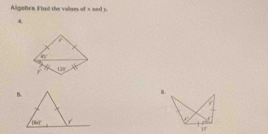 Algebra Find the valnes of x and y.
4.
5、
6.