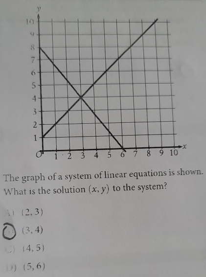 y
The graph of a system of linear equations is shown.
What is the solution (x,y) to the system?
 ) (2,3)
(3,4)
C) (4,5)
D) (5,6)