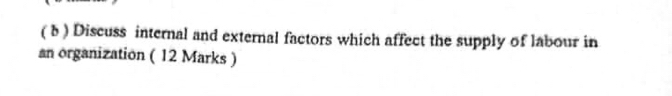 ( b ) Discuss internal and external factors which affect the supply of labour in 
an organization ( 12 Marks )