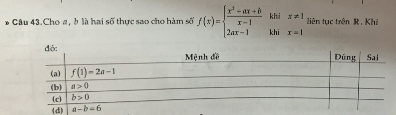 khi x!= 1
# Câu 43.Cho a, b là hai số thực sao cho hàm số f(x)=beginarrayl  (x^2+ax+b)/x-1  2ax-1endarray. khi x=1 liên tục trên R . Khi