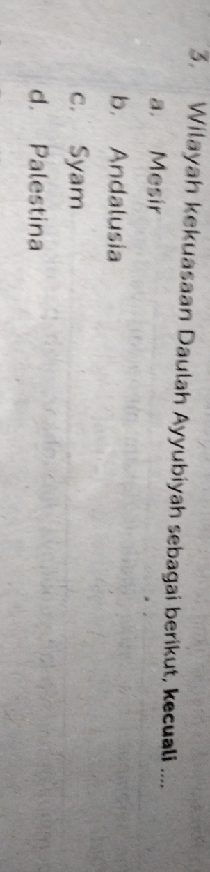 Wilayah kekuasaan Daulah Ayyubiyah sebagai berikut, kecuali ....
a. Mesir
b. Andalusia
c. Syam
d. Palestina