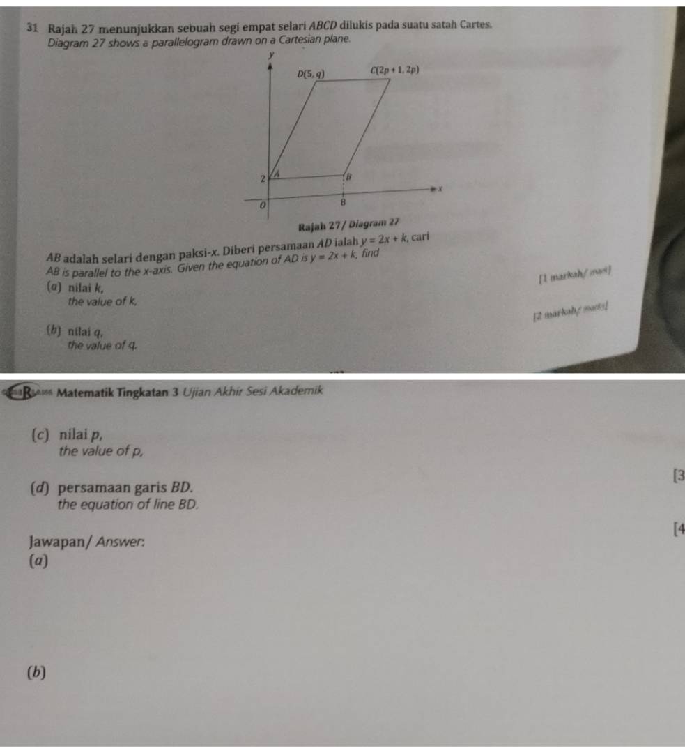 Rajah 27 menunjukkan sebuah segi empat selari ABCD dilukis pada suatu satah Cartes.
Diagram 27 shows a parallelogram drawn on a Cartesian plane.
AB adalah selari dengan paksi-x. Diberi persamaan AD ialah y=2x+k , carí
AB is parallel to the x-axis. Given the equation of AD is y=2x+k, find
[l markah/mast]
(α) nilai k,
the value of k,
[2 markabf 20015]
(b) nilai q,
the value of q.
R* Matematik Tingkatan 3 Ujian Akhír Sesi Akademik
(c) nilai p,
the value of p,
[3
(d) persamaan garis BD.
the equation of line BD.
[4
Jawapan/ Answer:
(a)
(b)