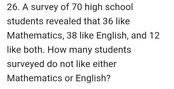 A survey of 70 high school 
students revealed that 36 like 
Mathematics, 38 like English, and 12
like both. How many students 
surveyed do not like either 
Mathematics or English?