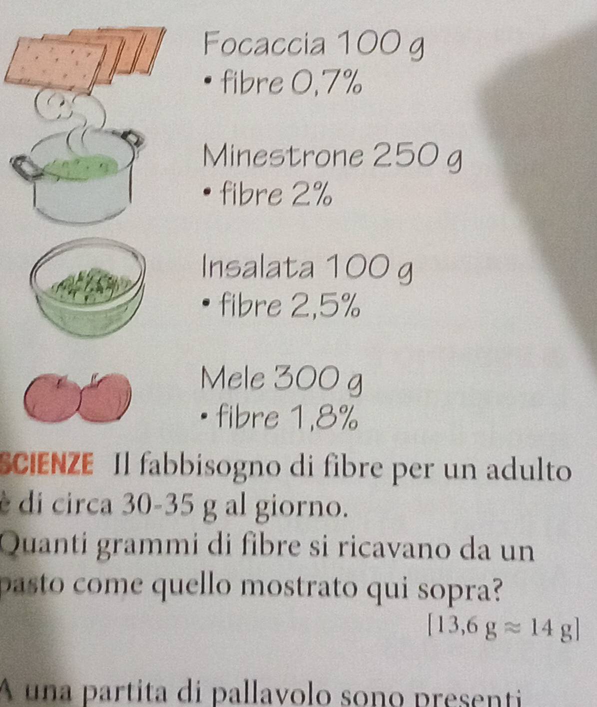 Focaccia 100 g
fibre 0,7%
Minestrone 250 g
fibre 2%
Insalata 100 g
fibre 2,5%
Mele 300 g
fibre 1,8%
SCIENZE Il fabbisogno di fibre per un adulto 
é di circa 30-35 g al giorno. 
Quantí grammí di fibre si ricavano da un 
pasto come quello mostrato qui sopra?
[13,6gapprox 14g]
A una partita di pallavolo sono presenti