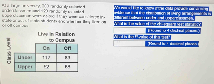 At a large university, 200 randomly selected We would like to know if the data provide convincing 
underclassmen and 120 randomly selected evidence that the distribution of living arrangements is 
upperclassmen were asked if they were considered in- different between under and upperclassmen. 
state or out-of-state students and whether they lived on What is the value of the chi-square test statistic? 
or off campus. 
(Round to 4 decimal places.) 
Live in Relation What is the P -value of this test? 
to Campus (Round to 4 decimal places.