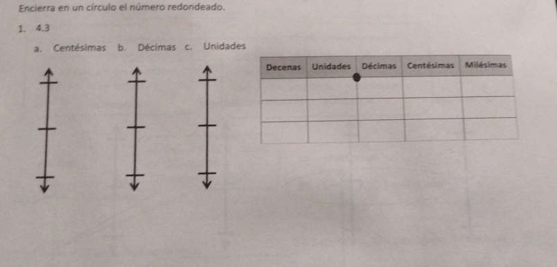 Encierra en un círculo el número redondeado.
1. 4.3
a. Centésimas b. Décimas c. Unidades