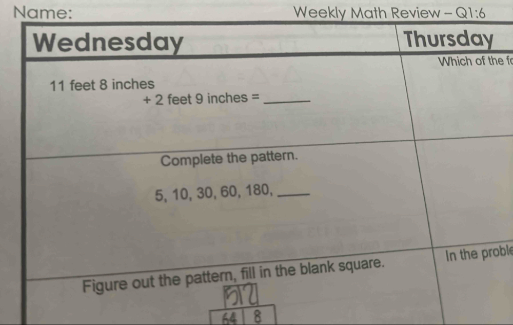 Name: Weekly Math Review - Q1:6 
e f 
oble 
8