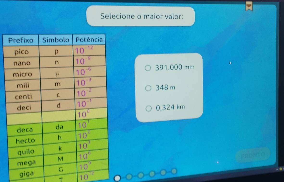 Selecione o maior valor:
391.000 mm
348 m
0,324 km
PRONTO
gig
T 10^(12)