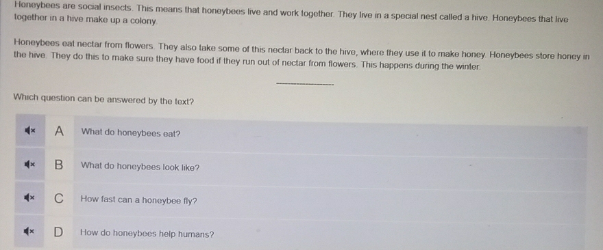 Honeybees are social insects. This means that honeybees live and work together. They live in a special nest called a hive. Honeybees that live
together in a hive make up a colony.
Honeybees eat nectar from flowers. They also take some of this nectar back to the hive, where they use it to make honey. Honeybees store honey in
the hive. They do this to make sure they have food if they run out of nectar from flowers. This happens during the winter.
_
Which question can be answered by the text?
A What do honeybees eat?
B What do honeybees look like?
C How fast can a honeybee fly?
How do honeybees help humans?