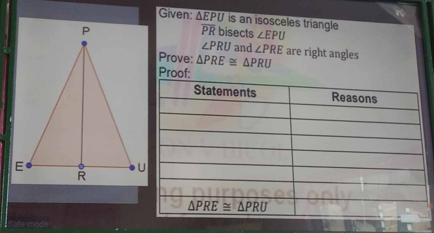 Given: △ EPU is an isosceles triangle
overline PR
bisects ∠ EPU
∠ PRU and ∠ PRE are right angles
Prove: △ PRE≌ △ PRU
Proof:
Safe mode