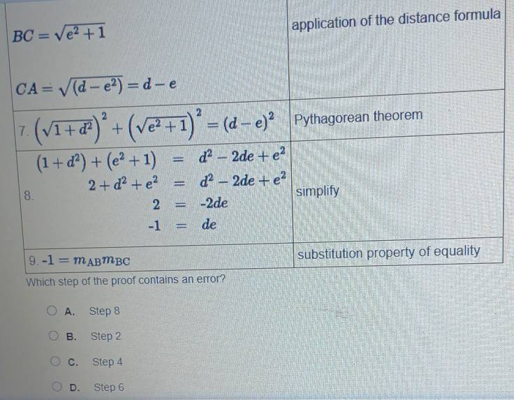 formula
A. Step 8
B. Step 2
C. Step 4
D. Step 6