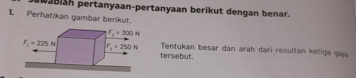 awablah pertanyaan-pertanyaan berikut dengan benar.
1. Perhatikan gambar berikut.
Tentukan besar dan arah dari resultan ketiga gaya
tersebut.