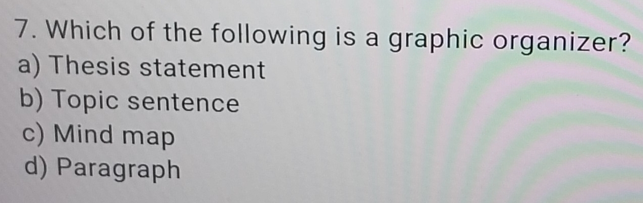 Which of the following is a graphic organizer?
a) Thesis statement
b) Topic sentence
c) Mind map
d) Paragraph