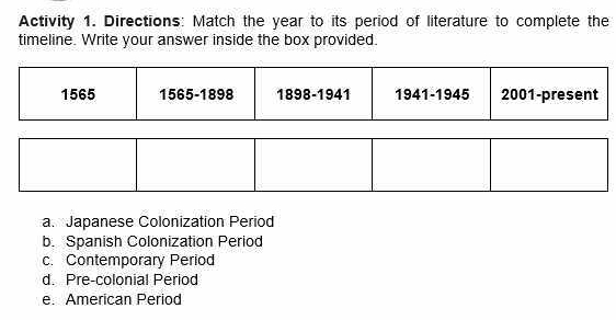 Activity 1. Directions: Match the year to its period of literature to complete the 
timeline. Write your answer inside the box provided.
1565 1565 -1898 1898-1941 1941-1945 2001-present 
a. Japanese Colonization Period 
b. Spanish Colonization Period 
c. Contemporary Period 
d. Pre-colonial Period 
e. American Period