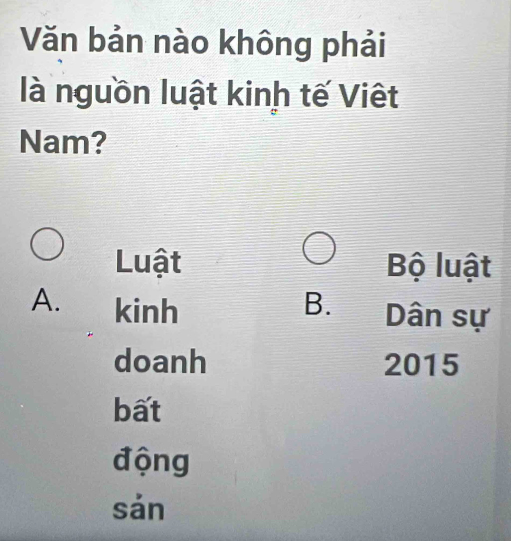 Văn bản nào không phải
là nguồn luật kinh tế Viêt
Nam?
Luật Bộ luật
A.
kinh
B.
Dân sự
doanh 2015
bất
động
sản