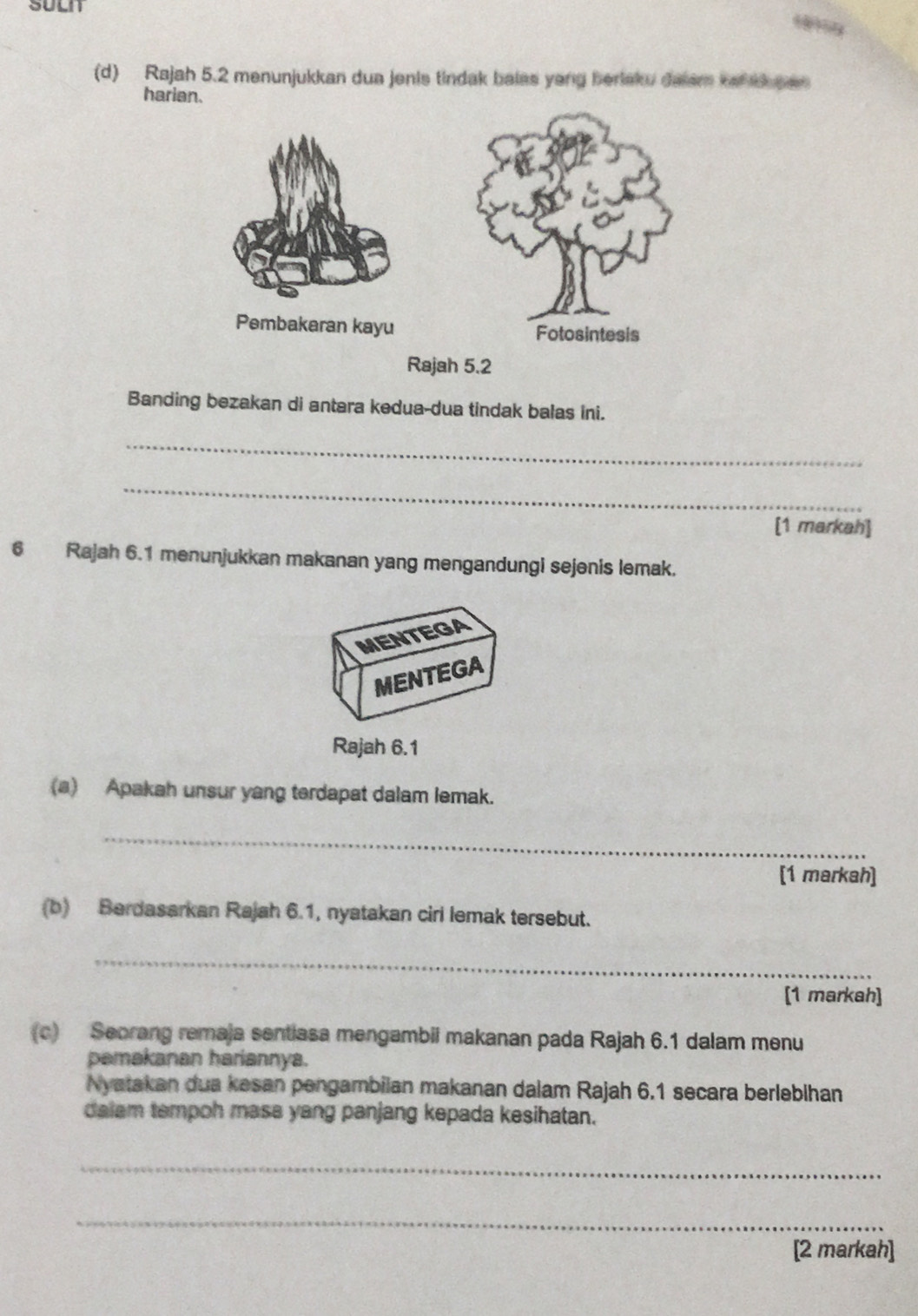 SULN 
(d) Rajah 5.2 menunjukkan dua jenis tindak bales yong beriaku dalem ke s gen 
harian. 
Banding bezakan di antara kedua-dua tindak balas ini. 
_ 
_ 
[1 markah] 
6 Rajah 6.1 menunjukkan makanan yang mengandungi sejenis lemak. 
MENTEGA 
MENTEGA 
Rajah 6.1 
(a) Apakah unsur yang terdapat dalam lemak. 
_ 
[1 markah] 
(b) Berdasarkan Rajah 6.1, nyatakan cirl lemak tersebut. 
_ 
[1 markah] 
(c) Seorang remaja sentiasa mengambii makanan pada Rajah 6.1 dalam menu 
pemakanan hariannya. 
Nyatakan dua kesan pengambilan makanan dalam Rajah 6.1 secara berleblhan 
dalam tempoh mase yang panjang kepada kesihatan. 
_ 
_ 
[2 markah]