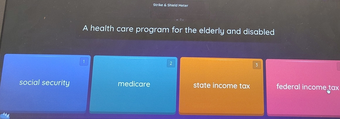 Strike & Shield Meter
A health care program for the elderly and disabled
1
2
3
social security medicare state income tax federal income tax