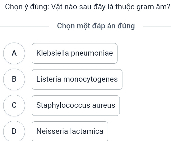 Chọn ý đúng: Vật nào sau đây là thuộc gram âm?
Chọn một đáp án đúng
A Klebsiella pneumoniae
B Listeria monocytogenes
C Staphylococcus aureus
D Neisseria lactamica