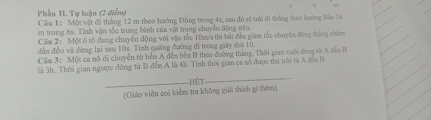 t(s) 
Phần II. Tự luận (2 điểm) 
Câu 1: Một vật đi thắng 12 m theo hướng Đông trong 4s, sau đó rẽ trái đi thẳng theo hướng Bắc 16
m trong 6s. Tính vận tốc trung bình của vật trong chuyển động trên. 
Câu 2: Một ô tô đang chuyển động với vận tốc 10m/s thì bắt đầu giảm tốc chuyền động thăng chậm 
dần đều và dừng lại sau 10s. Tính quãng đường đi trong giây thứ 10. 
Câu 3: Một ca nô di chuyển từ bến A đến bến B theo đường thẳng. Thời gian xuôi dòng từ A đến B 
là 3h. Thời gian ngược dòng từ B đến A là 4h. Tính thời gian ca nô được thà trôi từ A đến B. 
_Hết 
_ 
(Giáo viên coi kiểm tra không giải thích gì thêm)