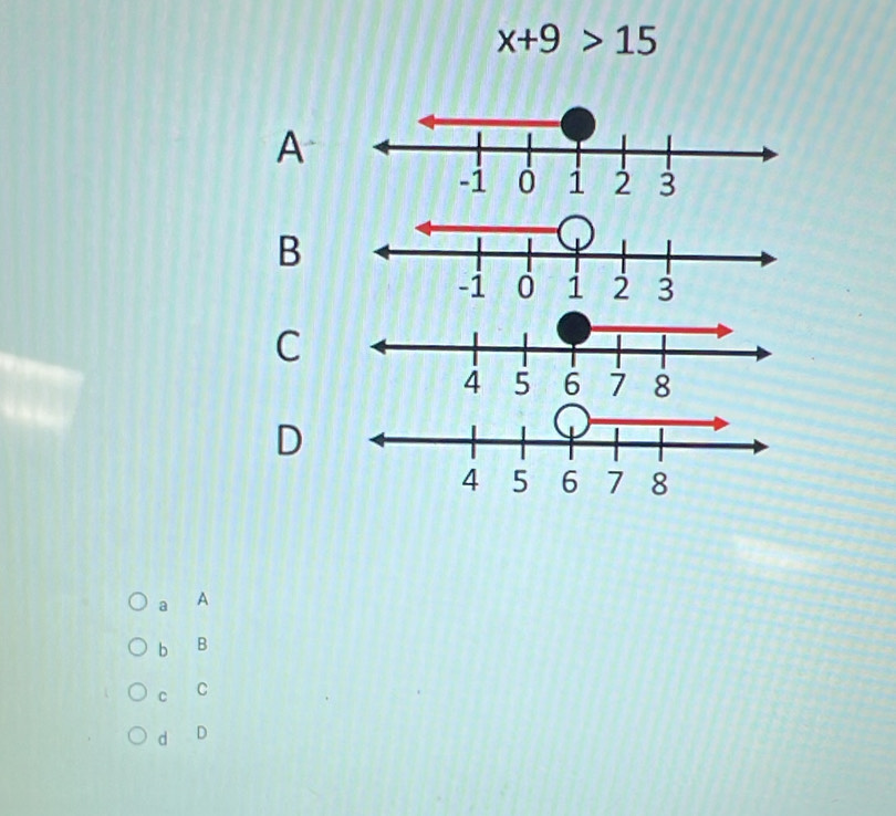 x+9>15
A
B
C
D
a A
b B
C C
d D