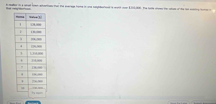 A realtor in a small town advertises that the average home in one neighborhood is worth over $310,000. The table shows the values of the ten existing homes in 
that neighborhood. 
Sário Part Recheck Saxe For Later ===Submit Assian==