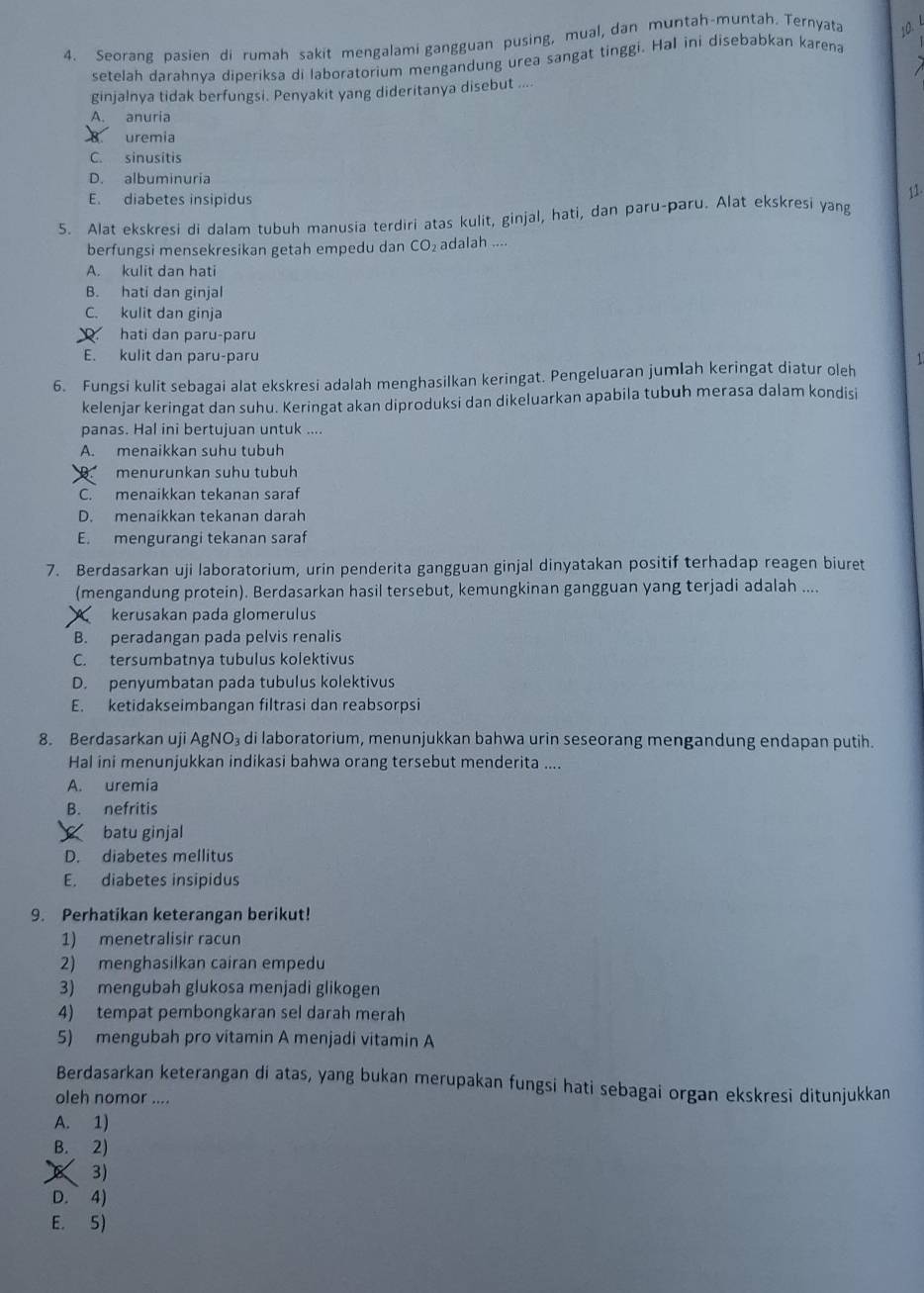 Seorane basien di rumah sakit mengalami gangguan pusing, mual, dan muntah-muntah. Ternyata 1   
setelah darahnva diperiksa di laboratorium mengandung urea sangat tinggi. Hal ini disebabkan karena
ginjalnya tidak berfungsi. Penyakit yang dideritanya disebut ....
A. anuria
B. uremia
C. sinusitis
D. albuminuria
E. diabetes insipidus
11.
5. Alat ekskresi di dalam tubuh manusia terdiri atas kulit, ginjal, hati, dan paru-paru. Alat ekskresi yang
berfungsi mensekresikan getah empedu dan CO_2 adalah ....
A. kulit dan hati
B. hati dan ginjal
C. kulit dan ginja
hati dan paru-paru
E. kulit dan paru-paru 1
6. Fungsi kulit sebagai alat ekskresi adalah menghasilkan keringat. Pengeluaran jumlah keringat diatur oleh
kelenjar keringat dan suhu. Keringat akan diproduksi dan dikeluarkan apabila tubuh merasa dalam kondisi
panas. Hal ini bertujuan untuk ....
A. menaikkan suhu tubuh
D. menurunkan suhu tubuh
C. menaikkan tekanan saraf
D. menaikkan tekanan darah
E. mengurangi tekanan saraf
7. Berdasarkan uji laboratorium, urin penderita gangguan ginjal dinyatakan positif terhadap reagen biuret
(mengandung protein). Berdasarkan hasil tersebut, kemungkinan gangguan yang terjadi adalah ....
A kerusakan pada glomerulus
B. peradangan pada pelvis renalis
C. tersumbatnya tubulus kolektivus
D. penyumbatan pada tubulus kolektivus
E. ketidakseimbangan filtrasi dan reabsorpsi
8. Berdasarkan uji AgNO₃ di laboratorium, menunjukkan bahwa urin seseorang mengandung endapan putih.
Hal ini menunjukkan indikasi bahwa orang tersebut menderita ....
A. uremia
B. nefritis
batu ginjal
D. diabetes mellitus
E. diabetes insipidus
9. Perhatikan keterangan berikut!
1) menetralisir racun
2) menghasilkan cairan empedu
3) mengubah glukosa menjadi glikogen
4) tempat pembongkaran sel darah merah
5) mengubah pro vitamin A menjadi vitamin A
Berdasarkan keterangan di atas, yang bukan merupakan fungsi hati sebagai organ ekskresi ditunjukkan
oleh nomor ....
A. 1)
B. 2)
× 3)
D. 4)
E. 5)