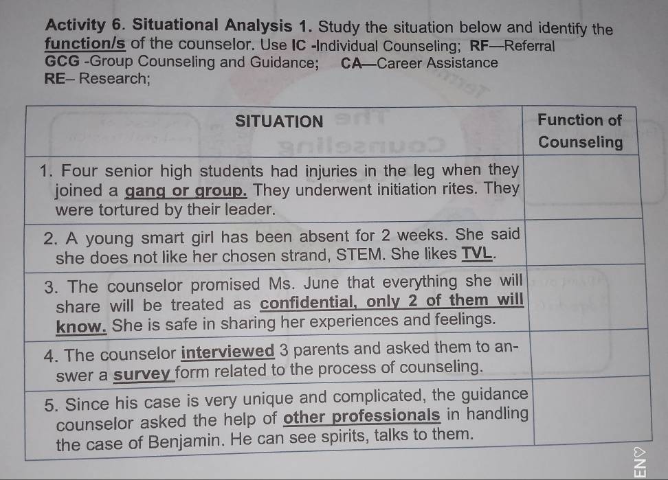 Activity 6. Situational Analysis 1. Study the situation below and identify the 
function/s of the counselor. Use IC -Individual Counseling; RF—Referral 
GCG -Group Counseling and Guidance； CA—Career Assistance 
RE- Research;