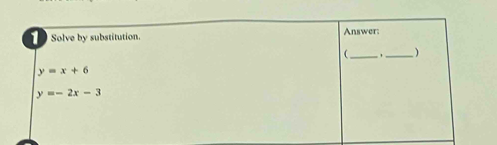 Solve by substitution.
Answer:
_(
_)
y=x+6
y=-2x-3