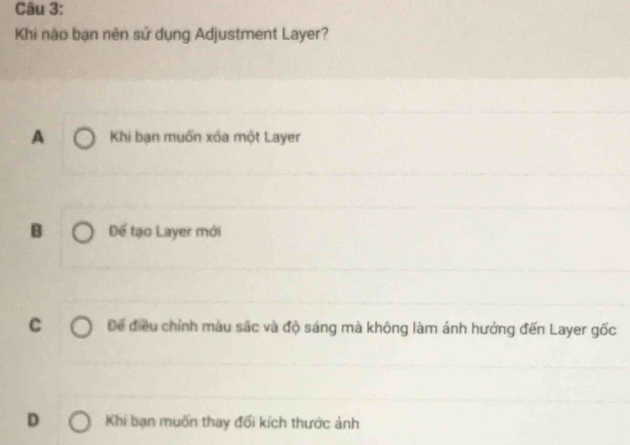 Khi nào bạn nên sử dụng Adjustment Layer?
A Khi ban muốn xỏa một Layer
B Để tạo Layer mới
C Để điều chính màu sắc và độ sáng mà không làm ảnh hưởng đến Layer gốc
D Khi bạn muốn thay đối kích thước ảnh