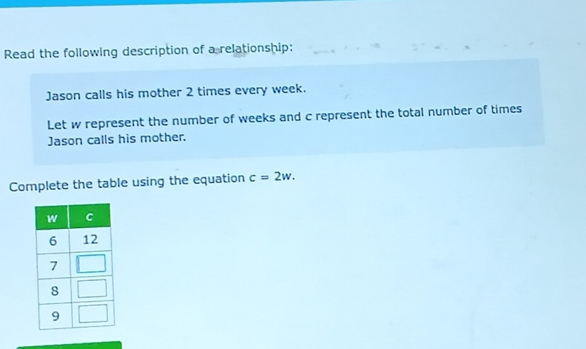 Read the following description of a relationship: 
Jason calls his mother 2 times every week. 
Let w represent the number of weeks and c represent the total number of times 
Jason calls his mother. 
Complete the table using the equation c=2w.