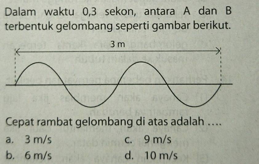 Dalam waktu 0, 3 sekon, antara A dan B
terbentuk gelombang seperti gambar berikut.
Cepat rambat gelombang di atas adalah ….
a. 3 m/s c. 9 m/s
b. 6 m/s d. 10 m/s