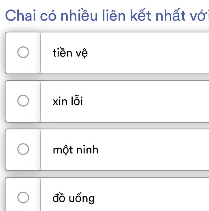 Chai có nhiều liên kết nhất vớ
tiền vệ
xin lỗi
một ninh
đồ uống